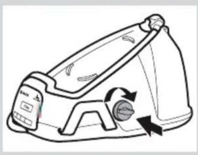 Line drawing of a portable air conditioner with circular arrows indicating rotation and sound waves (no text or symbols).