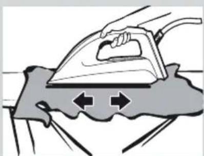 Illustration of a hand using an iron on a surface with directional arrows indicating motion (no text or symbols)