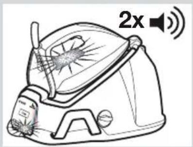 Line drawing of a steaming machine with sound waves and a 2x speed indicator (no text or symbols on the device itself)