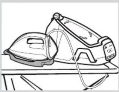 Line drawing of a pair of steam irons on a table (no text or symbols)