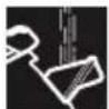 Line drawing of a hand using an iron to press down a surface, with a magnifying glass resting on the base (no text or symbols)
