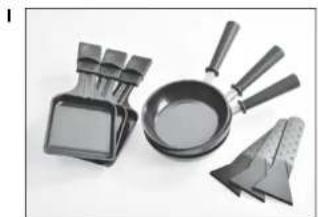 Assorted kitchen utensils including a square plate, a pan, and triangular kitchen utensils (no text or symbols visible)