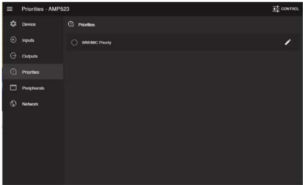 Priorities - AMP523 Device Inputs Outputs Priorities Peripherals Network Priorities WMI/MIC Priority CONTROL