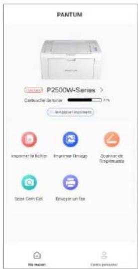 PANTUM P2500W-Series > Cartouchie de toner 71% Implique l'impérimente Impimer le fichier Impimer l'image Scanner de l'imprimante Scan Cam Dot Envoyer un fax Ma masen Carte permisenter