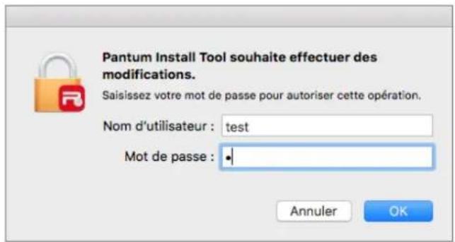 Pantum Install Tool souhaite effectuer des modifications. Saisissez votre mot de passe pour autoriser cette opération. Nom d'utilisateur : test Mot de passe : • Annuler OK