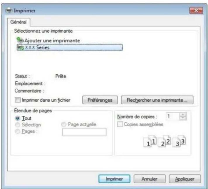 Imprimer Général Sélectionnez une imprimante Ajouter une imprimante XXXX Series Statut : Prête Emplacement : Commentaire : Imprimer dans un fichier Préférences Rechercher une imprimante... Étendue de pages Tout Sélection Page actuelle Pages : Nombre de copies : 1 Copies assemblées 1 1 2 2 3 3 Imprimer Annuler Appliquer