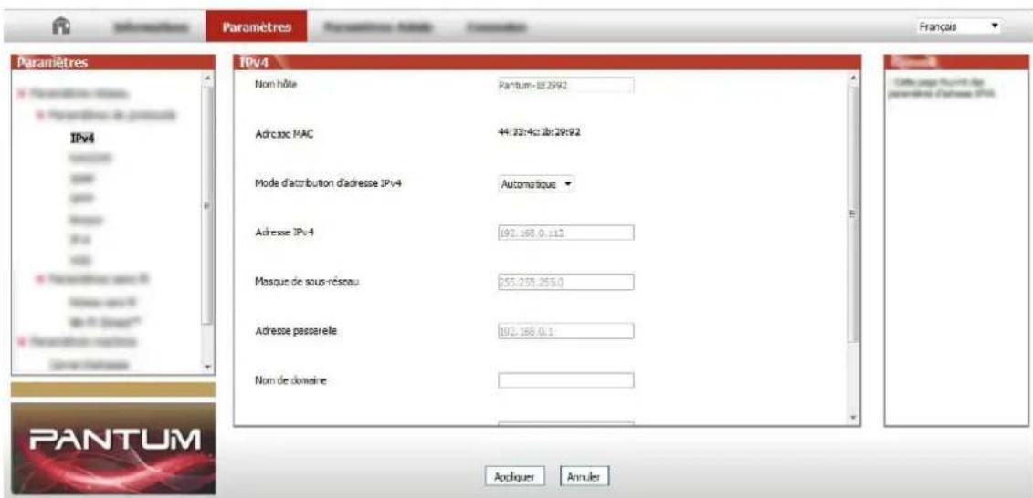 Paramètres Paramètres hôté Propositions Paramètres de prémérés IPv4 Adriacac MAC 44:229:45:28:29:92 Mode d'attribution d'adresse IPv4 Automatique Adresse IPv4 192.168.0.112 Mosque de sous-résseau 255.201.255.0 Adresse passarelle 192.168.0.1 Nom de domaine PANTUM Appliquer Annuler Français Côte page du point de prémérés d'adresse IPv4.