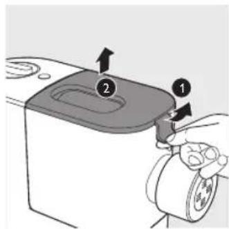 Diagram showing a device with labeled parts and directional arrows indicating process flow or movement