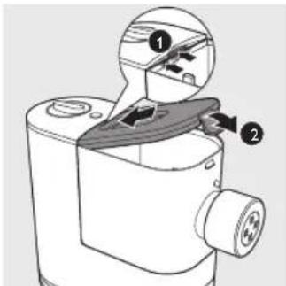 Technical diagram of a device with labeled parts, showing internal components and directional arrows