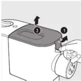 Diagram showing a hand operating a battery pack with labeled parts 1 and 2, indicating a step in the process.