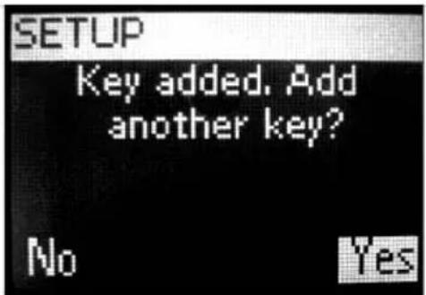 SETUP Key added. Add another key? No Yes