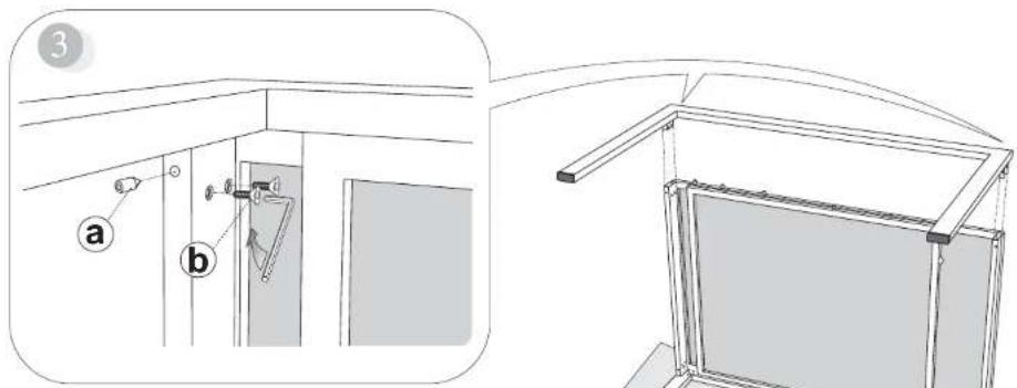 Technical diagram showing a door assembly with labeled parts (a and b) and a close-up view of the interior frame.