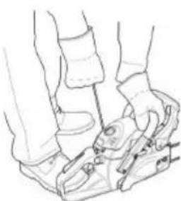 Line drawing of a person's legs and feet wearing athletic shoes.