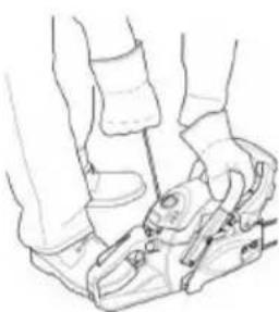 Line drawing of a person's legs and feet wearing boots and gloves, with no visible text or symbols.