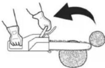 Illustration of a person using a power tool to cut a ball, with an arrow indicating motion (no text or symbols)