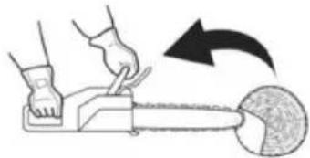 Illustration of a person using a power tool to cut a circular object with a curved arrow indicating motion.