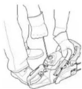 Line drawing of a person's legs and feet wearing a footbelt device (no text or symbols)