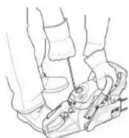 Line drawing of a person's legs and feet wearing a high-visibility cleat (no text or symbols)