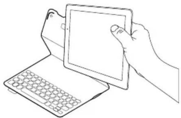 Line drawing of a hand holding a tablet device next to a laptop keyboard (no text or symbols).