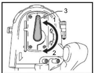 Technical diagram of a mechanical device with numbered components and directional arrows indicating rotation or movement.