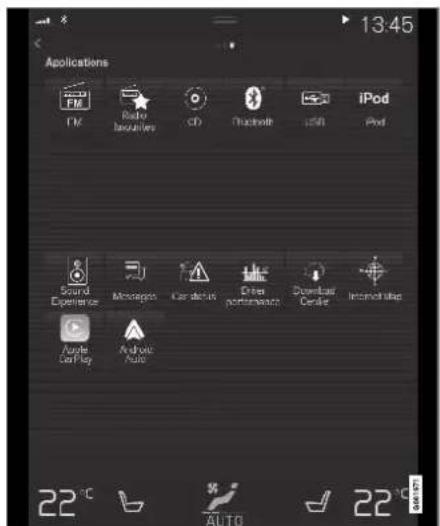 Applications FM Radio laouvier CD Bluetooth iSoft iPod Sound Experience Microcapex Car dasher Drive portemarch Download Gelike Intervent like Apple Car play Auto Auto 22°C AUTO 22°C