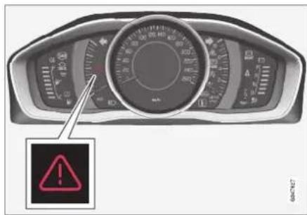 Car dashboard display with speedometer and warning icon, highlighting a warning symbol