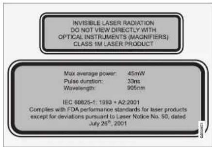 INVISIBLE LASER RADIATION DO NOT VIEW DIRECTLY WITH OPTICAL INSTRUMENTS (MAGNIFIERS) CLASS 1M LASER PRODUCT Max average power: 45mW Pulse duration: 33ns Wavelength: 905nm IEC 60825-1; 1993 + A2:2001 Complies with FDA performance standards for laser products except for deviations pursuant to Laser Notice No. 50, dated July 26th, 2001