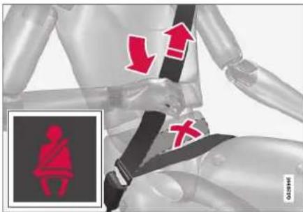 Medical illustration showing a person's seatbelt with red directional arrows and a close-up of the seatbelt icon.