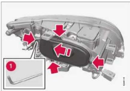 Technical diagram of a car body component with red arrows indicating parts of the seat and lock mechanism, labeled with number 1.