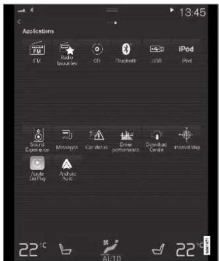 Applications FM Radio Favorites CD Duckbolt USB iPod Smart Experience Monagraphs Car actions Drive posterships Download Center Internet Help Apple Self Help Android Auto 22°C AUTO 22°C