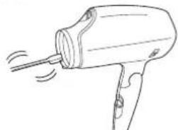 Line drawing of a handheld hair dryer emitting sound waves (no text or symbols)