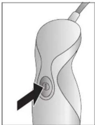 Illustration of a medical device with a black arrow pointing to a circular button (no text or symbols)