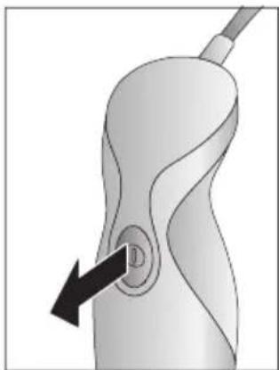 Medical device with a black arrow pointing to a circular opening (no text or symbols visible)