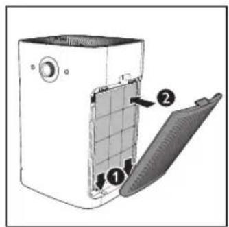 Diagram of a device with labeled parts, showing a grid panel and a folded paper-like structure.