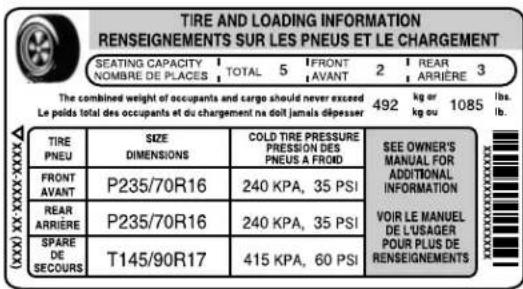 INFORMATIONS SUR LES PNEUS ET LE CHARGEMENT RENSEIGNEMENTS SUR LES PNEUS ET LE CHARGEMENT CAPACITÉ D'OCCUPANTS | TOTAL 5 | AVANT 2 | ARRIÈRE 3 NOMBRE DE PLACES | AVANT | ARRIÈRE | Le poids total des occupants et du chargement ne doit jamais dépasser 492 kg ou 1085 lbs. Le poids total des occupants e…