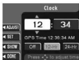 Horloge 12 : 34 Heure GPS 12:36:34 AM Désactivé 12 h 24 h DOME Appuyez sur - pour régler l'heure