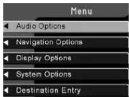 Menu Options audio Options de navigation Options d'affichage Options système Saisie de destination