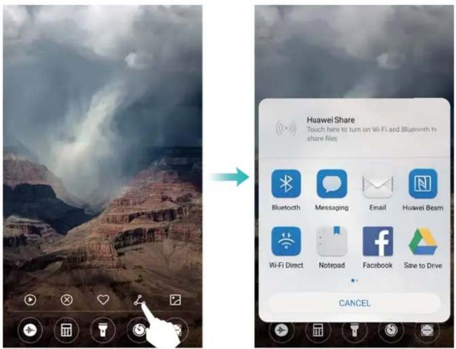 Huawei Share Touch here to turn on Wi-Fi and Bluetooth to share files Bluetooth Messaging Email Huawei Beam Wi-Fi Direct Notepad Facebook Save to Drive CANCEL