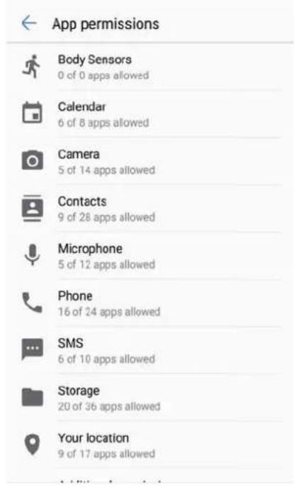 App permissions Body Sensors 0 of 0 apps allowed Calendar 6 of 8 apps allowed Camera 5 of 14 apps allowed Contacts 9 of 28 apps allowed Microphone 5 of 12 apps allowed Phone 16 of 24 apps allowed SMS 6 of 10 apps allowed Storage 20 of 36 apps allowed Your location 9 of 17 apps allowed