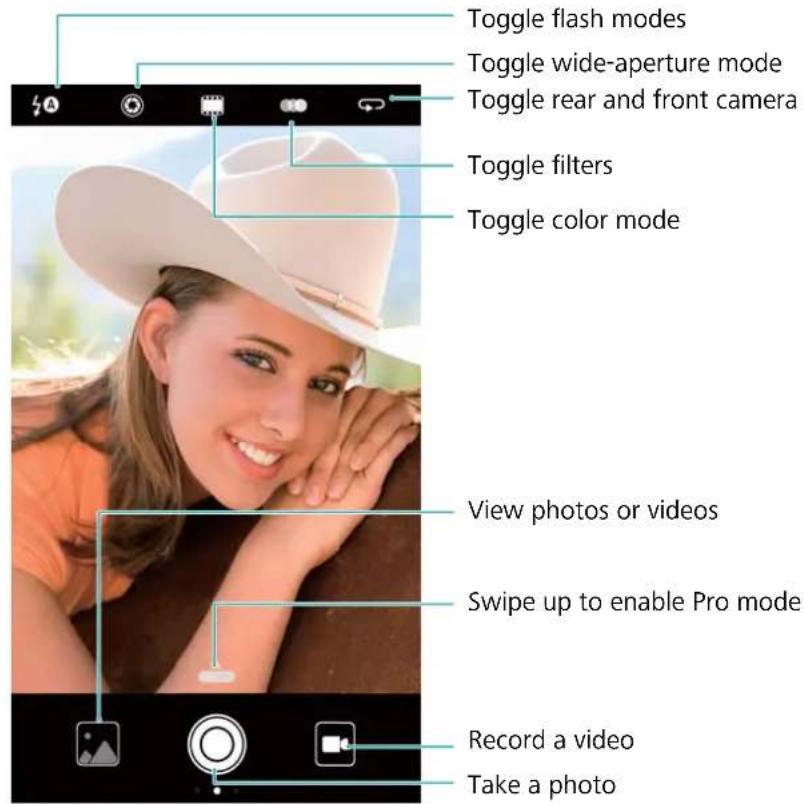 Toggle flash modes Toggle wide-aperture mode Toggle rear and front camera Toggle filters Toggle color mode View photos or videos Swipe up to enable Pro mode Record a video Take a photo
