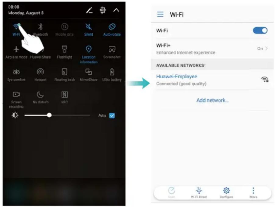 08:08 Monday, August 8 Wi-Fi Bluetooth Mobile data Silent Auto-rotate Airplane mode Huawei Share Flashlight Location information Screenshot Eye comfort Hotspot Floating dock Mirror/Share Ultra battery Screen recording No disturb NFC Auto Wi-Fi Wi-Fi+ Enhanced Internet experience On > AVAILABLE NETWORKS' Huawei-Employee Connected (good quality) Add network... Scan Wi-Fi Direct Configure More