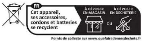 FR Cet appareil, ses accessoires, cordons et batteries se recyclent À DÉPOSER EN MAGASIN À DÉPOSER EN DECHETERIE OU Points de collecte sur www.quefairedemesdechets.fr