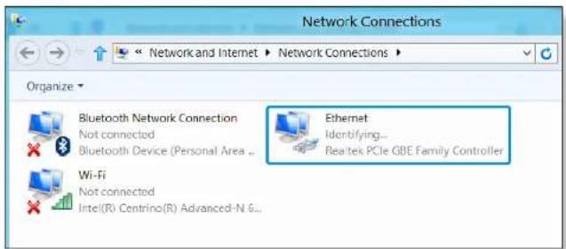 Network Connections Organize Bluetooth Network Connection Not connected Bluetooth Device (Personal Area ..... Wi-Fi Not connected Intel(R) Centrino(R) Advanced-N &... Ethernet Identifying... Realtek PCIe GBE Family Controller