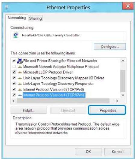 Ethernet Properties Networking Sharing Connect using Realtek PCIe GBE Family Controller Configure... This connection uses the following items File and Printer Sharing for Microsoft Networks Microsoft Network Adapter Multiplexor Protocol Microsoft LLDP Protocol Driver Link Layer Topology Discovery Mapper I/O Driver Link Layer Topology Discovery Responder Internet Protocol Version 6 (TCP/IPv6) Internet Protocol Version 4 (TCP/IPv4) Install... Uninstall Properties Description Transmission Control Protocol/Internet Protocol. The default wide area network protocol that provides communication across diverse interconnected networks. OK Cancel