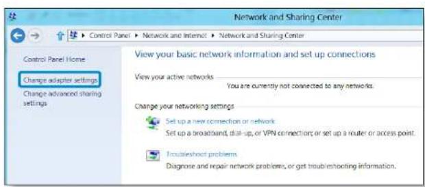 Network and Sharing Center Control Panel Home Change adapter settings Change advanced sharing settings View your basic network information and set up connections View your active networks You are currently not connected to any networks. Change your networking settings Set up a new connection or network Set up a broadband, dial-up, or VPN connections, or set up a router or access point. Insulate/shoot problems Diagnose and repair network problems, or get troubleshooting information.