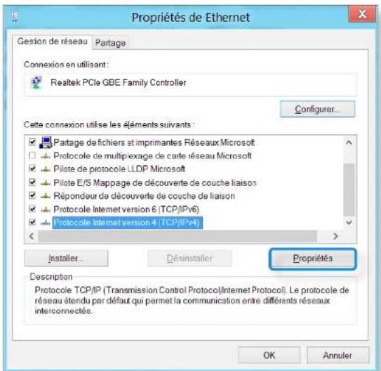 Propriétés de Ethernet Gestion de réseau Partage Connexion en utilisant : Realtek PCIe GBE Family Controller Configurer... Cette connexion utilise les éléments suivants : ✓ Partage défichiers et imprimantes Réseaux Microsoft ✓ Protocole de multiplexage de carte réseau Microsoft ✓ Piloté de protocole LLDP Microsoft ✓ Piloté E/S Mappage de découverte de couche liaison ✓ Répondeur de découverte de couche de liaison ✓ Protocole Internet version 6 (TCP/IPv6) ✓ Protocole Internet version 4 (TCP/IPv4) < > Installer... Désinstaller Propriétés Description Protocole TCP/IP (Transmission Control Protocol/Internet Protocol). Le protocole de réseau étendu par défaut qui permet la communication entre différents réseaux interconnectés. OK Annuler