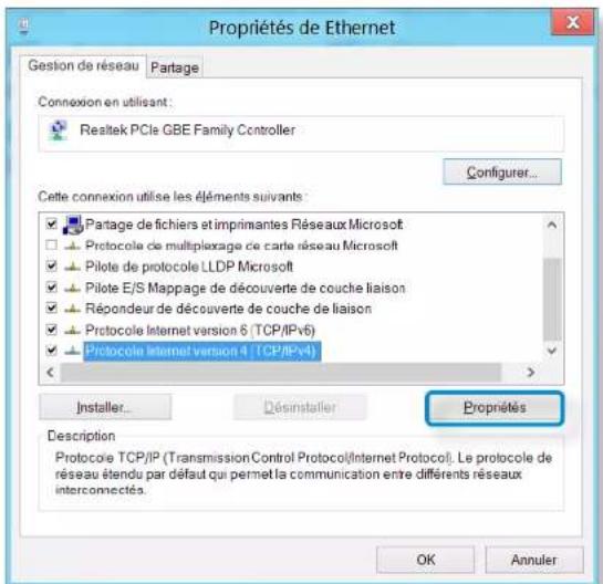 Propriétés de Ethernet Gestion de réseau Partage Connexion en utilisant : Realetek PCIe GBE Family Controller Configurer... Cette connexion utilise les éléments suivants : ✓ Partage de fichiers et imprimantes Réseaux Microsoft ✓ Protocole de multiplexage de carte réseau Microsoft ✓ Pilote de protocole LLDP Microsoft ✓ Piloté E/S Mappage de découverte de couche liaison ✓ Répondeur de découverte de couche de liaison ✓ Protocole Internet version 6 (TCP/IPv6) ✓ Protocole Internet version 4 (TCP/IPv4) < > Installer... Désinstaller Propriétés Description Protocole TCP/IP (TransmissionControl Protocol(Internet Protocol). Le protocole de réseau étendu par défaut qui permet la communication entre différents réseaux interconnectés. OK Annuler