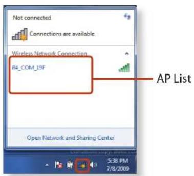 Not connected Connections are available Wireless Network Connection R4_COM_19F AP List Open Network and Sharing Center 5:38 PM 7/8/2009