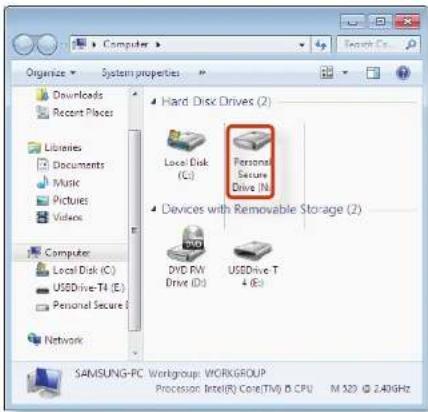 Organize System properties Downloads Recent Places Libraries Documents Music Pictures Videos Computer Local Disk (C:) USEDDrive-T4 (E:) Personal Secure Network Hard Disk Drives (2) Local Disk (C:) Personal Secure Drive (N) Devices with Removable Storage (2) DVD RW Drive (D:) USDDrive.T 4 (E:) SANSUNG-PC Workgroup: WORKGROUP Procession: Intel(R) Core(TM) B CPU M 323 @ 2.4GHz