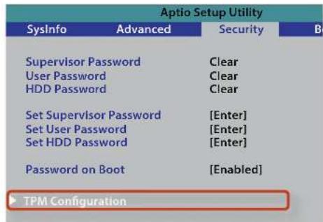 Aptio Setup Utility SysInfo Advanced Security B Supervisor Password Clear User Password Clear HDD Password Clear Set Supervisor Password [Enter] Set User Password [Enter] Set HDD Password [Enter] Password on Boot [Enabled] TPM Configuration